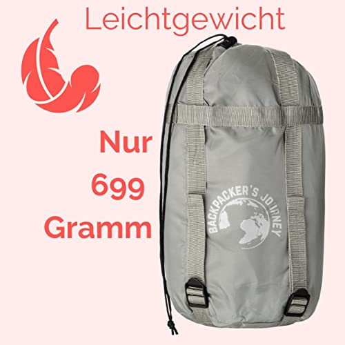 Foto von Backpacker's Journey 699g Leicht-Schlafsack in Ultra kleinem Packmaß. Schlafsack Outdoor Ultraleicht für Damen und Herren. Ideal für Camping, Wandern, Backpacking und Motorradtouren (grau)