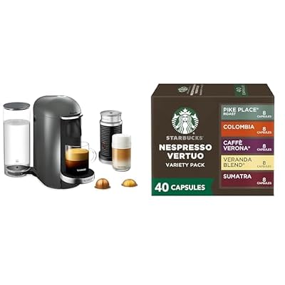 Breville Nespresso Vertuo Plus Deluxe Coffee and Espresso Maker, Titan with Aeroccino Milk Frother + Starbucks by Nespresso Capsules, Vertuo Line