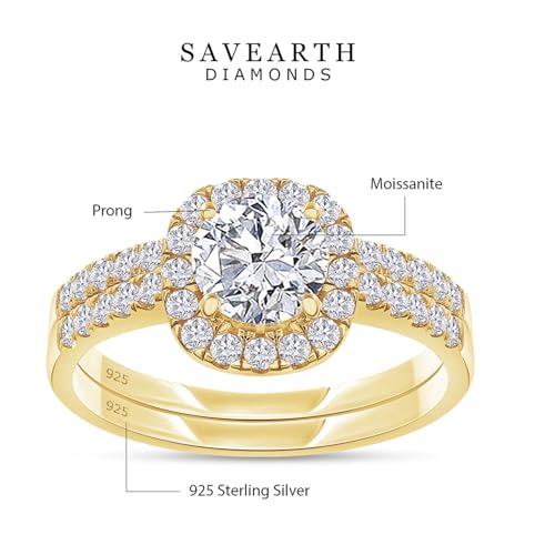 SAVEARTH DIAMONDS 1 Cttw Round Lab Created Moissanite & Lab Grown Diamond Double Halo Bridal Set Wedding Ring In 925 Sterling Silver 10K & 14K Solid Gold (1.00 Cttw),Gift For Her2