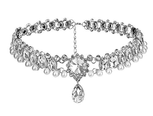 Fashion Sparkly Womens Pearl Collar Crystal Diamond Chunky Choker Rhinestones Pendant Bib Choker Necklace for Bridal and Womens