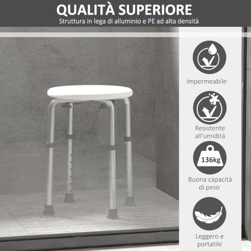 HOMCOM Sgabello da Doccia Girevole a 360° con Piedini Antiscivolo e Regolabile in Altezza su 8 Livelli, Sgabello per Doccia in Alluminio e PE, 32.5x41x35.5-54 cm, Bianco - Immagine 4