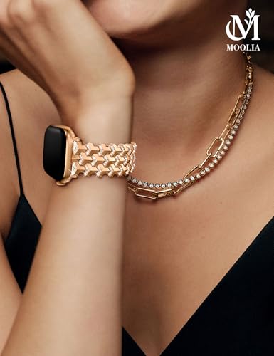 Moolia Luxury Bling Diamond Band Compatible with Apple Watch 42/41/40/38mm，Y-Shaped Metal Link with Crystals Women Replacement for iWatch Series 11 10 9 8 7 6 5 4 3 2 1 SE/Ultra(1/2/3), Rose Gold — view 6