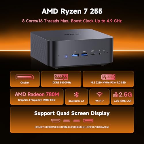 Image of Reatan Gaming Mini PC,AMD Ryzen 7 255 (Beat 8745H,8C /16T, up to 4,9 GHz) Radeon 780M Equipped with Crucial 48GB RAM DDR5 + 1TB SSD 8K Quad-Screen Display USB4.0 / OCulink /WiFi 7 Business Games Home
