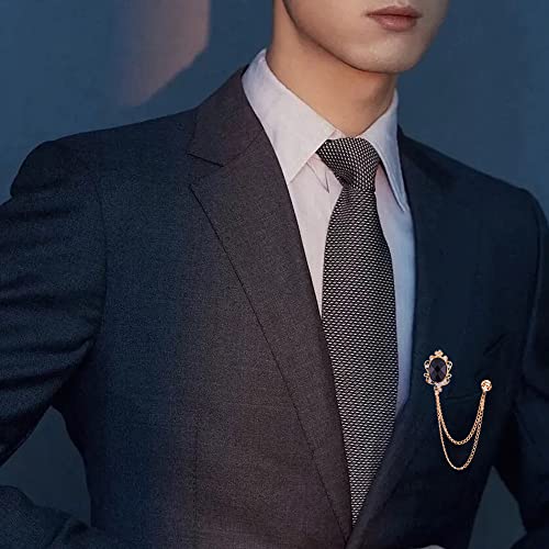 Image of Vintage Gemstone Chain Brooch Pin,Rhinestone Long Chain Tassel Suit Pin Zircon Oval Gem Lapel Pin Jewelry for Women Men