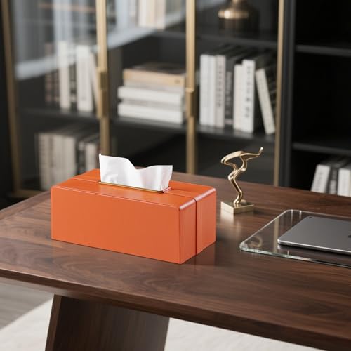 MEIBOOCH Rectangle Tissue Box Cover, Luxury PU Leather Tissue Box Holder with Magnetic Closure (Orange) by MEIBOOCH - Image 6