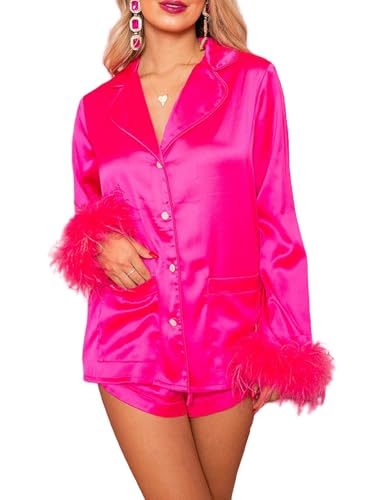 NUFIWI Womens Feather Trim Satin Pajama Set Long Sleeve Button Down Top and Shorts 2 Piece Silky Pjs Set Loungewear(Rosy Pink,M)