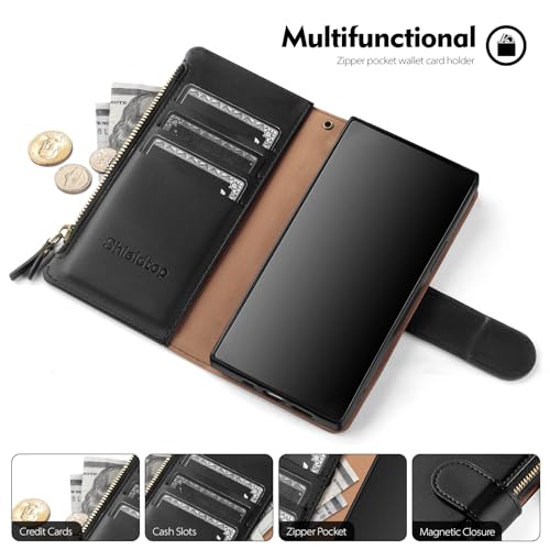 Shieldtop Compatible with Samsung Galaxy S22 Ultra 5G Wallet Case with Card Holder,Women Men RFID Blocking PU Leather Phone Case Flip Protective Cover Wrist Strap Zipper Credit Card Slots,Black by Shieldtop - Image 4