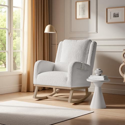 PerGar Mecedora, Silla de lactancia tapizada con patas de madera y bolsillos laterales, Sillón con cojín, sillón balancín, silla de lactancia para salón, dormitorio, habitación de bebé, terciopelo de