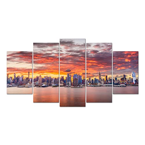 Lyerartork 5 Piece Sunset Skyline Canvas Art Prints Usa Brooklyn City Picture Posters New York Cityscape Photography Artwork For Modern Home Office Wall Decorations Ready To Hang #TOP19
