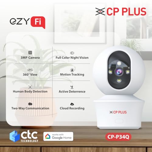 CP PLUS 3MP Smart Wi-Fi CCTV Camera for Home with 360° Pan & Tilt | View & Talk | Smart Detection Suite | Night Vision 30 Mtr | Cloud Recording | CTC Cyber Secure Tech | EZ-P34Q 2 41Cd3MniLUL