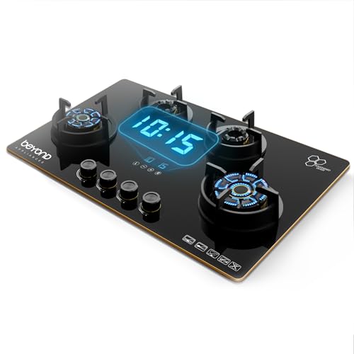 Beyond Appliances Altair 4 Burner Smart Glass Hobtop Gas Stove | Auto Ignition | Digital Timer | Flame Failure Device | Jumbo Burner | Toughened Glass | LPG & PNG Compatible