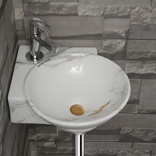 Image of REMOTION Wall Mounted Wash Basin for Bathroom | Wall Hung Corner Sink | Ceramic Round Wall Hung Wash Basin | Wall Hung Small Corner Basin (16.3 x 13.8 x 4.3 Inch) (Marble White Green)