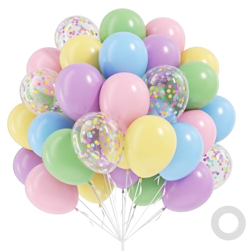 60pcs Pastel Balloons 12inch Colorful Rainbow Light Pink Green Blue Purple Pastel Yellow Confetti Balloons for Baby Shower Birthday Party Decorations