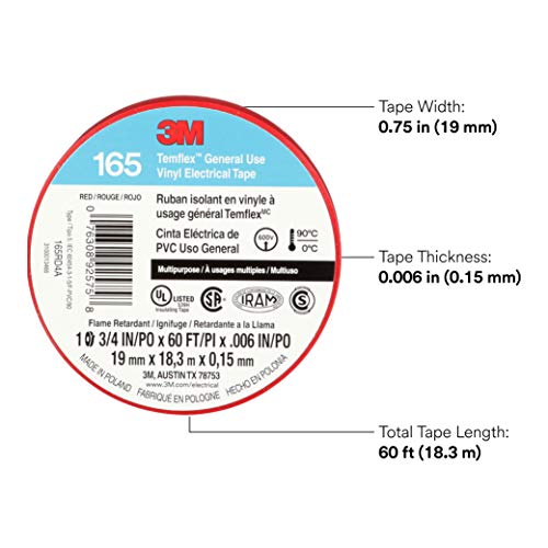 3M Temflex Multi-Purpose Vinyl Electrical Tape 165, Red, 3/4 in x 60 ft (19 mm x 18 m), 10 Roll Pack