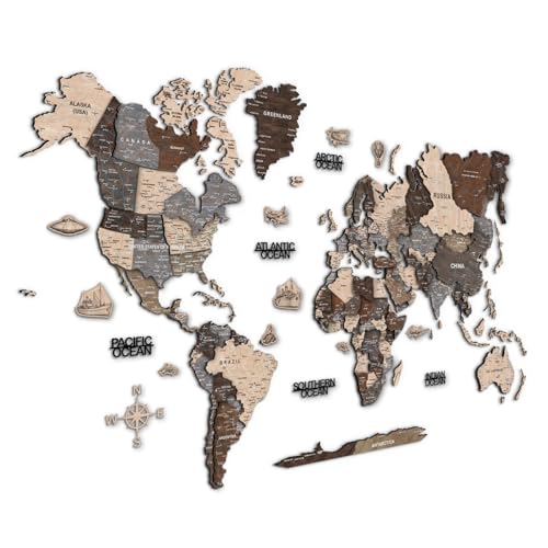 Giallobus - Mappa del mondo 3d - Mappa del Mondo 3D - Legno MDF - MAPPA 3D - 190L x 108,5l cm - 02 - Natural Wood OVERLAY - Decorazione Parete - Legno MDF Multilivello - Soggiorno Ufficio Camera