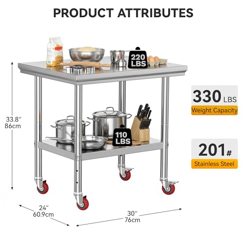 Image of DWVO 30x24in Stainless Steel Table with Adjustable Shelf & Wheels | NSF Metal Prep Worktable for Kitchen Restaurant Hotel Garage Warehouse Home Commercial