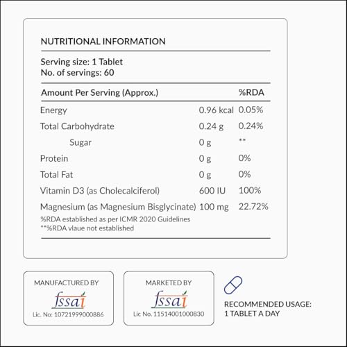 Image of Nutrova Magnesium+D3 | With Magnesium Bisglycinate & Vitamin D3 | Supports Better Sleep, Mood, Energy & Muscle Recovery | High Absorption Formula | Gentle on Stomach | 60 Veg Tablets (Pack of 1)