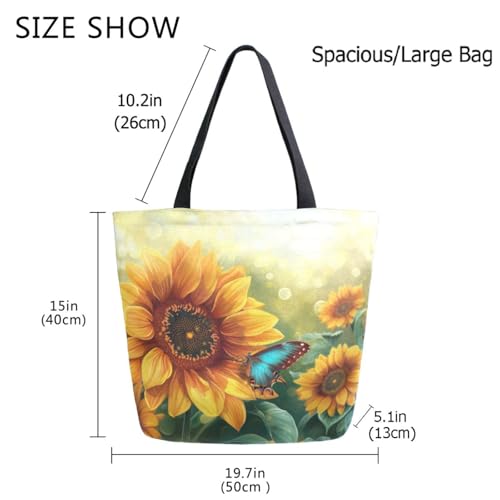 Extra Large Shoulder Gym Tote Bag, Sunflower Art Blue Butterfly Canvas Handle Bag for Yoga Weekender Picnic Beach Travel Kitchen Reusable Market Grocery Shopping4
