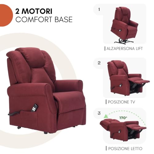Poltrone Italia Poltrona Relax Alzapersona Zero Gravity 2 Motori Reclinazione Indipendente Schienale Pediera Carrello Retrattile Per Spostamento Utente Antimacchia Anziani Soffice Rosso - 6