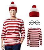 Focupaja Adult Red and White Striped Shirt Suits Halloween Costumes Party Cosplay Sweatshirt Long Sleeve Shirt Hat Glasses Men XL