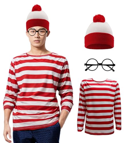 Déguisement rayé rouge et blanc adulte comprenant sweat manches longues et chapeau