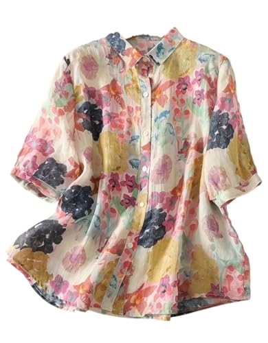 Image of Gufrina Women's Casual Button-Down Shirt with Multicolor Floral Print & Half Sleeves, Collar Neck