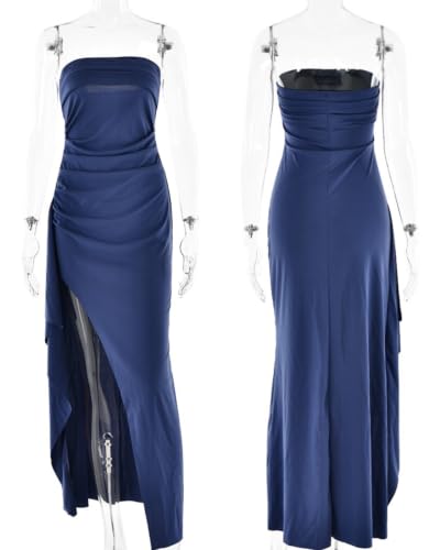 Image of Women's Sexy Strapless Backless High Split Long Maxi Dress Ruched Off Shoulder Sleeveless Bodycon Party Cocktail Dresses