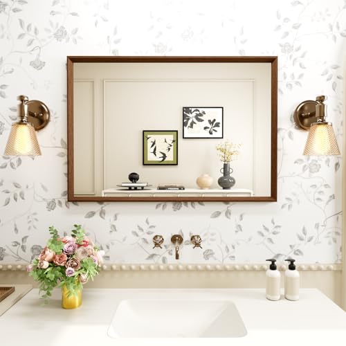 WEER Espejo Baño Vintage 45 x 65 cm Marco Polímero Pared Rectangular con Efecto Madera Impermeable