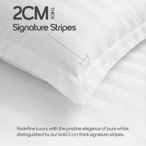 Image of LINENWALAS Cotton 300 TC Double Standard Size Pillow Cover | 2 cm Sateen Stripe Design | Cloud-Soft, Breathable & Skin-Safe | Oeko-TEX Certified Hotel-Style Bedding (20x30 inch, Set of 2, White)