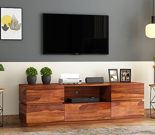 Image of Rustic Solid Sheesham Wood TV Unit Chest of Drawers for Living Room - 5 Drawers and 1 Shelf Storage - Accommodates up to 60 Inch TV (Bayern, Honey Finish)