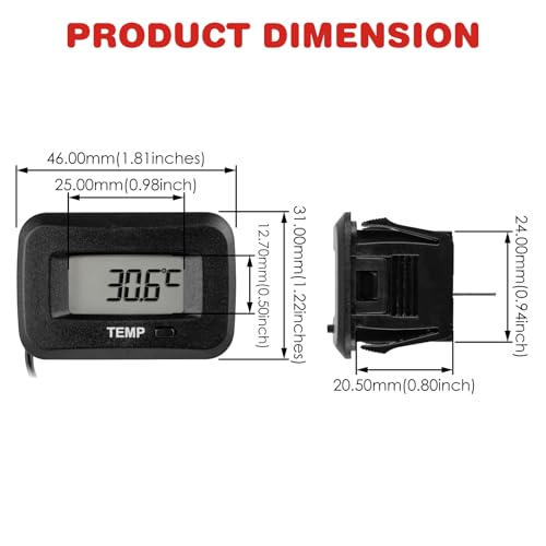 RileyFine TM006 Digitales Thermometer, Schwarz, 46 * 37 * 31 (mm), LCD-Display, maximale Temperatur, Temperaturerinnerung, verwendet für Motorrad, Traktor, ATV, Boot und andere Benzinmotorausrüstungen