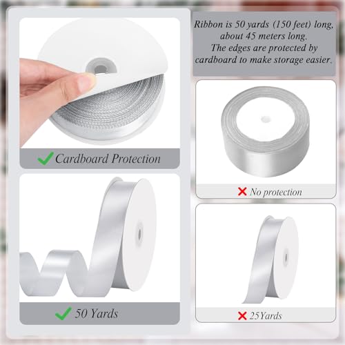 Image of woric Silver Ribbon 1 Inch 50 Yards Gift Wrapping Ribbon for Anniversary Party Wedding Bouquets Crafts Hair Bows Making Graduation Holiday Decorations