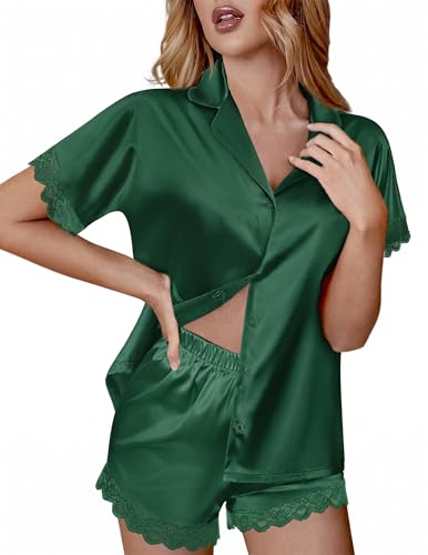 Image of Ekouaer Womens Satin Pajama Set Lace Trim Button Down Pj Shorts Set Bridesmaids Getting Ready Outfits Bridal Party Gifts, Bright Green, Large