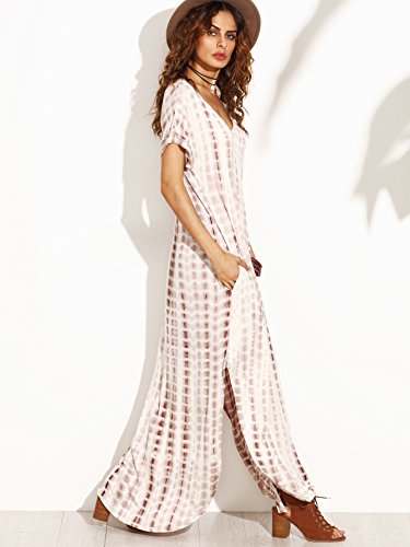 MakeMeChic Casual Maxi Short Sleeve Split Tie Dye Long Dress Coffee Small