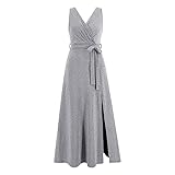 Fashion 2023 Summer V-Neck Sleeveless Long Office Dress Women High Waist Tunics Slit Shiny Evening Party Dresses Female Silver