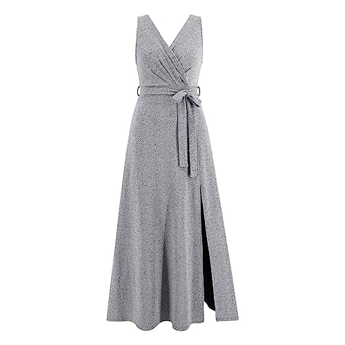 Fashion 2023 Summer V-Neck Sleeveless Long Office Dress Women High Waist Tunics Slit Shiny Evening Party Dresses Female Silver