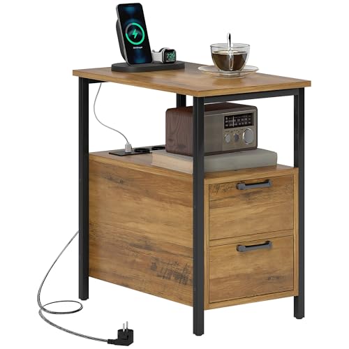 HOMCOM Table d'appoint, Table de Chevet, avec 2 Prises, Port USB, Type C, 2 tiroirs et étagère, câble de 143 cm, Cadre en métal, Bois Naturel