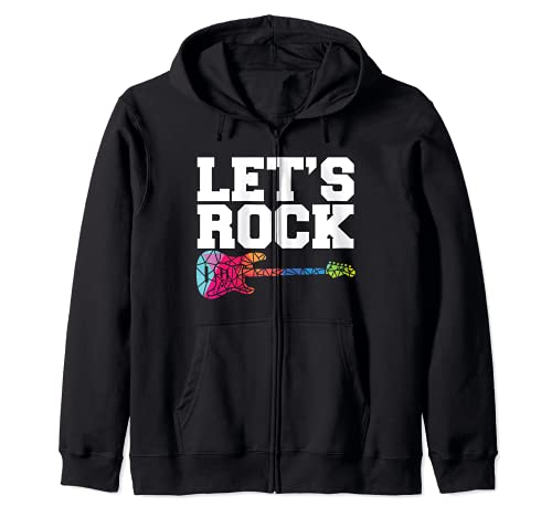 Lets Rock I Rock n Roll Guitar Retro Musician I Guitar Zip Hoodie, Black