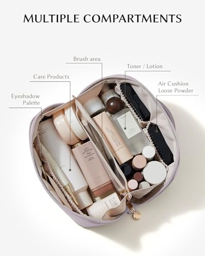 Image of EACHY Travel Makeup Bag, Large Capacity Cosmetic Bag for Women, Waterproof PU Leather, Flat Open Portable Toiletry Bag for Skincare, Brushes & Travel Essentials