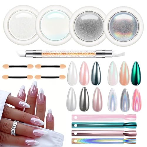 modelones Chrome Nail Powder 4 pcs, White Pearl Nail Chrome Powder, Iridescent Aurora Glitter Mermaid Silver Metallic Mirror Holographic Effect Pearlescent Pigment Dust Kit Resin Craft
