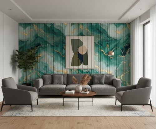 Image of Green Gold Louvers Self-Adhesive Kitchen Wallpaper Roll, PVC 3D Wall Sticker Oil Proof, Waterproof & Washable Wallpaper for Home Decor, Living Room, Bedroom, Hotel & Cafe Walls (45x300cm)