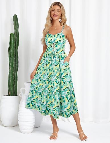 Image of GRACE KARIN 2026 Women's Spaghetti Vacation Sundress Summer Beach Flowy Boho Floral Maxi Dresses with Pockets Green Yellow Floral L