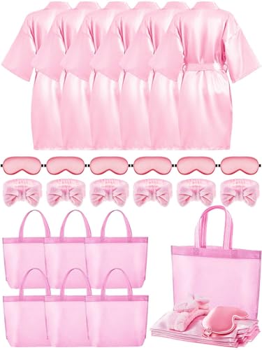Sintuff 24 Pcs Sleepover Party Supplies for Girls 6 Spa Party Robes 6 Tote Bags 6 Headbands 6 Spa Masks(Size 6,Pink)