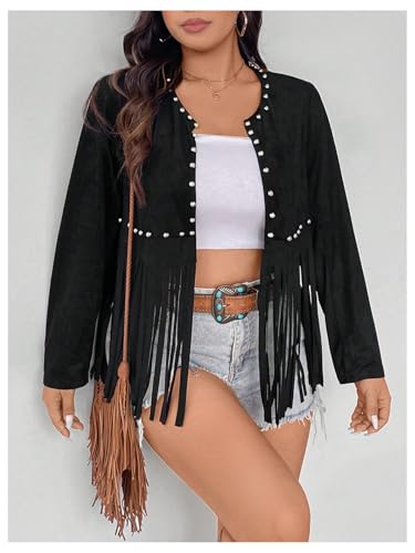 SHENHE Women's Plus Size Fringe Jacket Faux Suede Rivets Open Front Studded Western Cropped Cardigan4