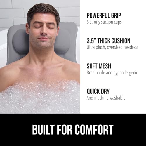 Image of GORILLA GRIP Bath Pillow for Tub, 6 Strong Suction Cups, 4D Mesh FlexComfort Headrest for Neck, Head and Back Support, Luxury Machine Washable Pillows, Bathtub Accessories, Spa Gifts for Mom, Gray