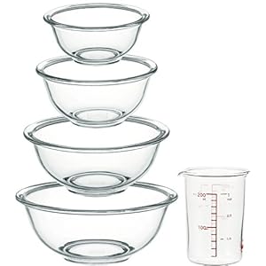 iwaki PS-BO-50N Heat-resistant Glass Bowl, Round Shape, Set of 5, Includes Measuring Cup