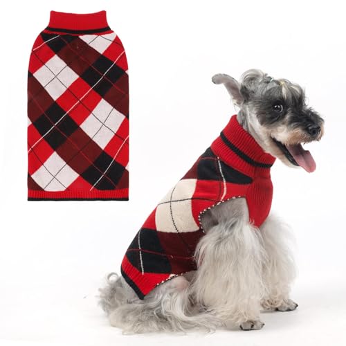 Image of KOOLTAIL Dog Sweater Pet Knitted Clothes-Classic Plaid Pullover Turtleneck Red Fleece Dog Christmas Sweaters with Leash Hole, Thick Warm Dog Winter Clothes for Small Medium Large Dogs Cats Puppy, ML