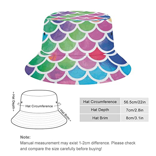 Plain Fisherman Bucket Hat For Girls Boys Youth - Colorful Mermaid Fish Scales Art Wide Brim Fitted Boonie Cap Sun Hat Packable Reversible Tactical Cap For Golf Fishing Hiking #TOP1