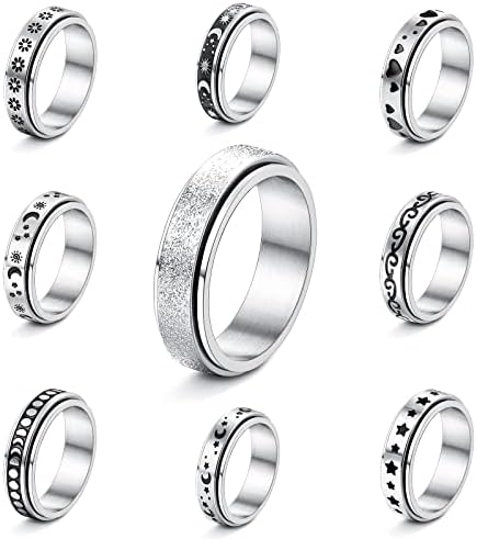 Fidget Rings for Dismay Girls folks Men - 9pcs Frosty Stainless Metal Spinner Band Ring Anti Dismay Stress Relief Ring Spinning Ring Moon Huge title thumbnail