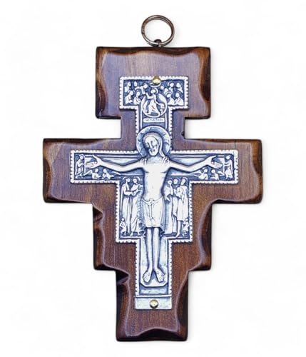 Crucifijo de pared - Cruz San Damián - Artesanal Made in Italy Cristo e INRI chapado en plata 999 - Crucifijos de pared de madera, cuidado y precisión de los detalles de Jesús crucificado - 10,7 x 8
